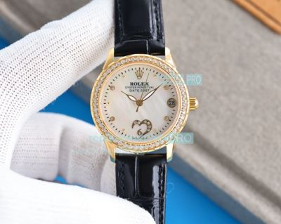 Copy Rolex Datejust White MOP Dial Gold Case Black Leather Strap Ladies Watch 33MM